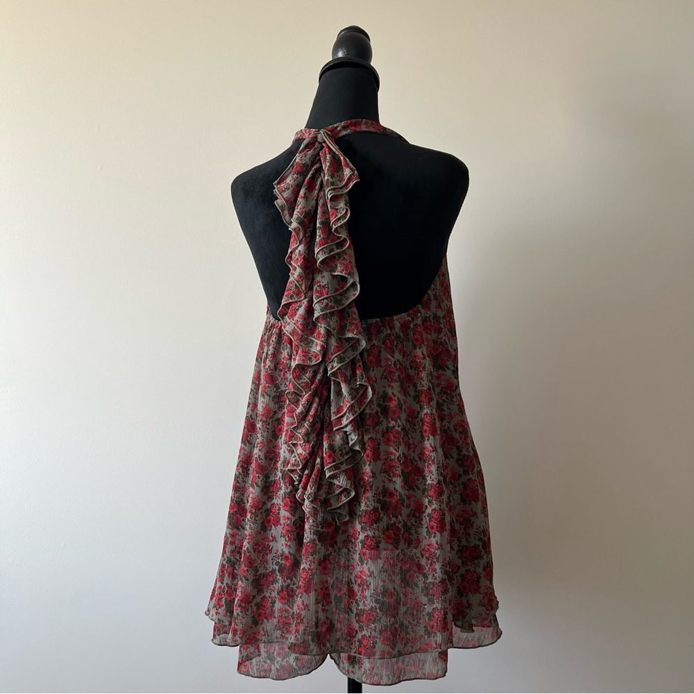 Flowy Floral Ruffle Halter Mini Dress / Long Top with Asymmetric Tiered Hem